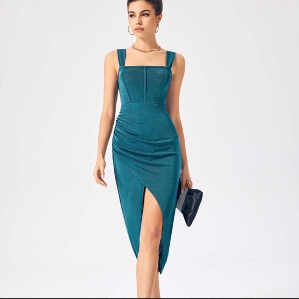 Cider Teal Midi Dress with Slit and Gather NWOT